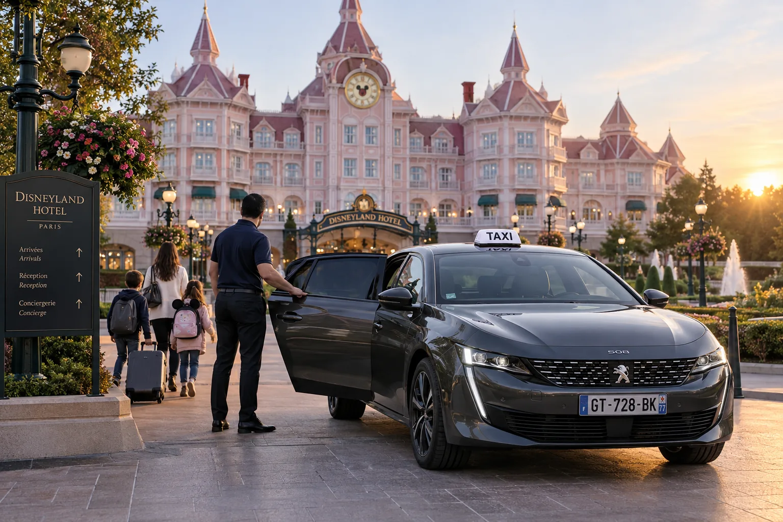 Hybrid Peugeot 508 taxi outside the Disneyland Hotel