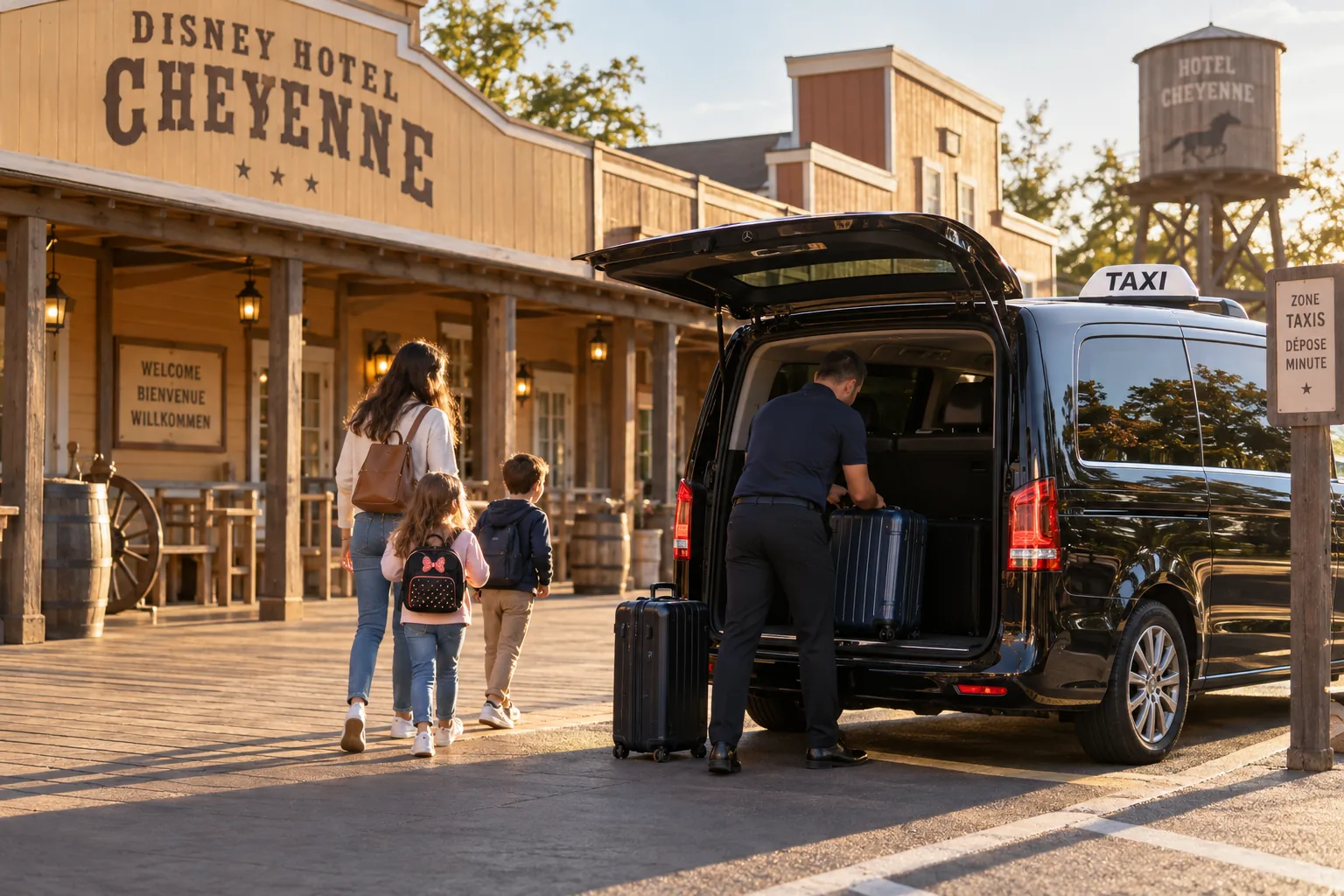 حافلة تاكسي مرسيدس فئة V أمام فندق Cheyenne، مع لافتة تاكسي على السقف